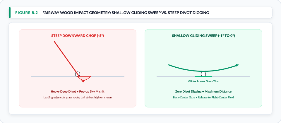 Figure 8.2: Fairway Wood Impact Geometry: Shallow Gliding Sweep vs. Steep Divot Digging